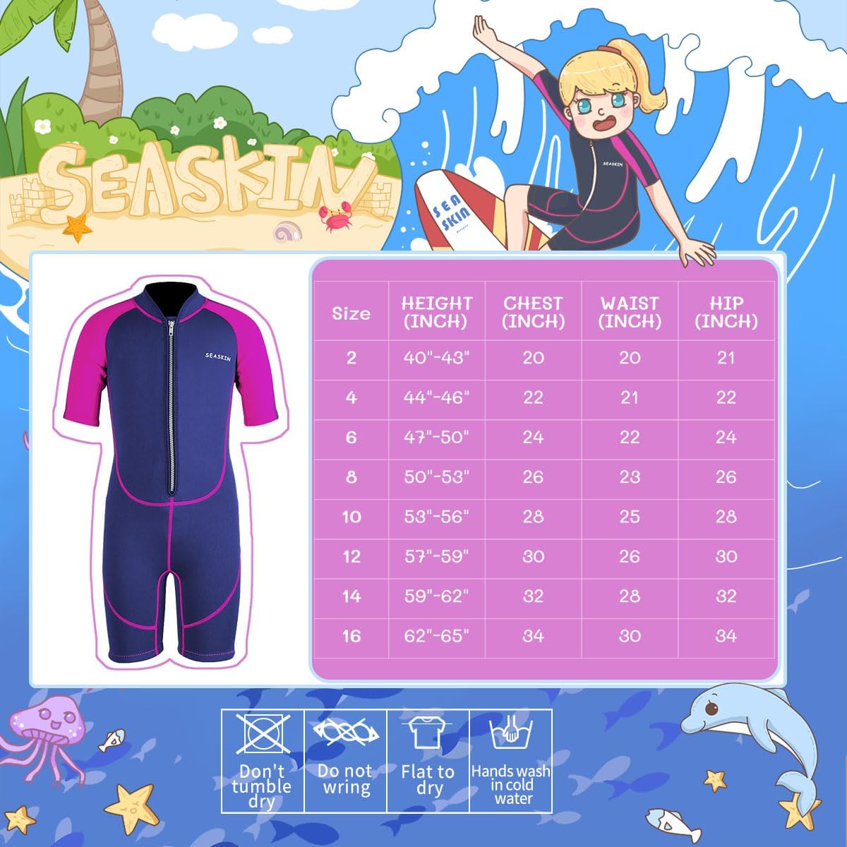 Seaskin Kids Wetsuit for Boys Girls Toddlers, 2mm Front Zipper Shorty Wetsuits, 3mm Back Zip Full Wetsuit, Neoprene Thermal Swimsuits for Diving Surfing Swim Lessons