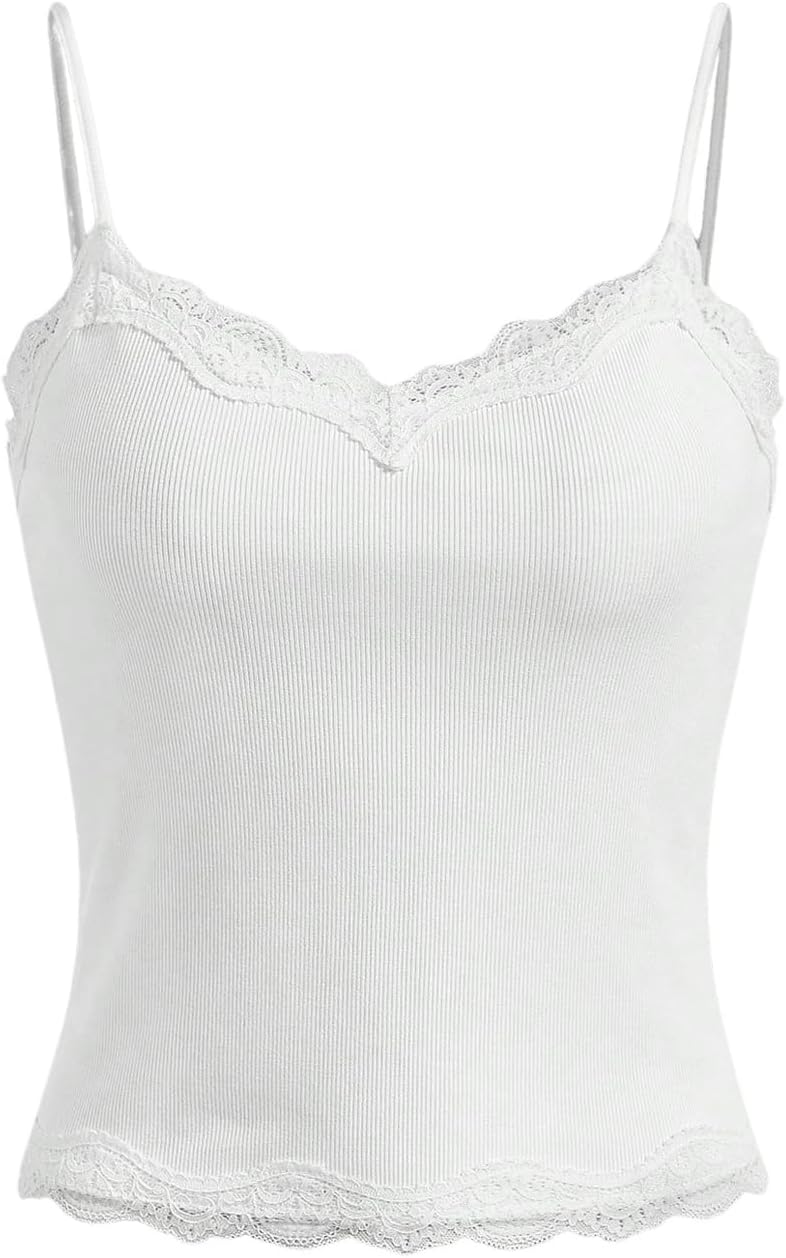 SOLY HUX Girl's Sleeveless Lace Trim Camisoles Spaghetti Strap Ribbed Crop Tank Tops