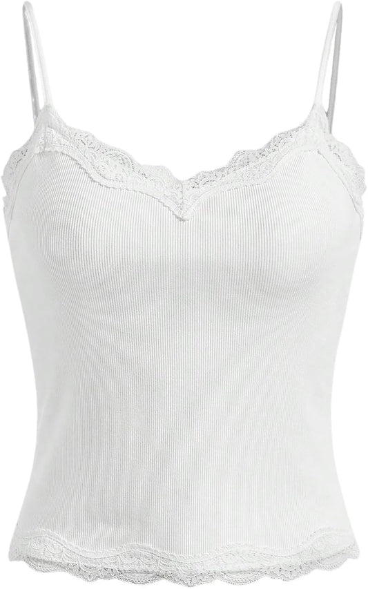 SOLY HUX Girl's Sleeveless Lace Trim Camisoles Spaghetti Strap Ribbed Crop Tank Tops