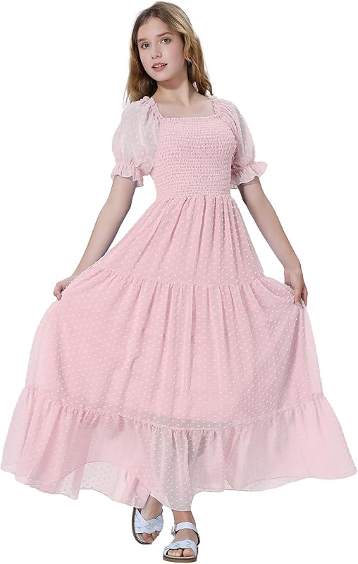 EXARUS Girls Maxi Long Smocked Dress Tween Swiss Dots Summer Square Neck Short Sleeve Casual A-line Dresses for 6-12Y