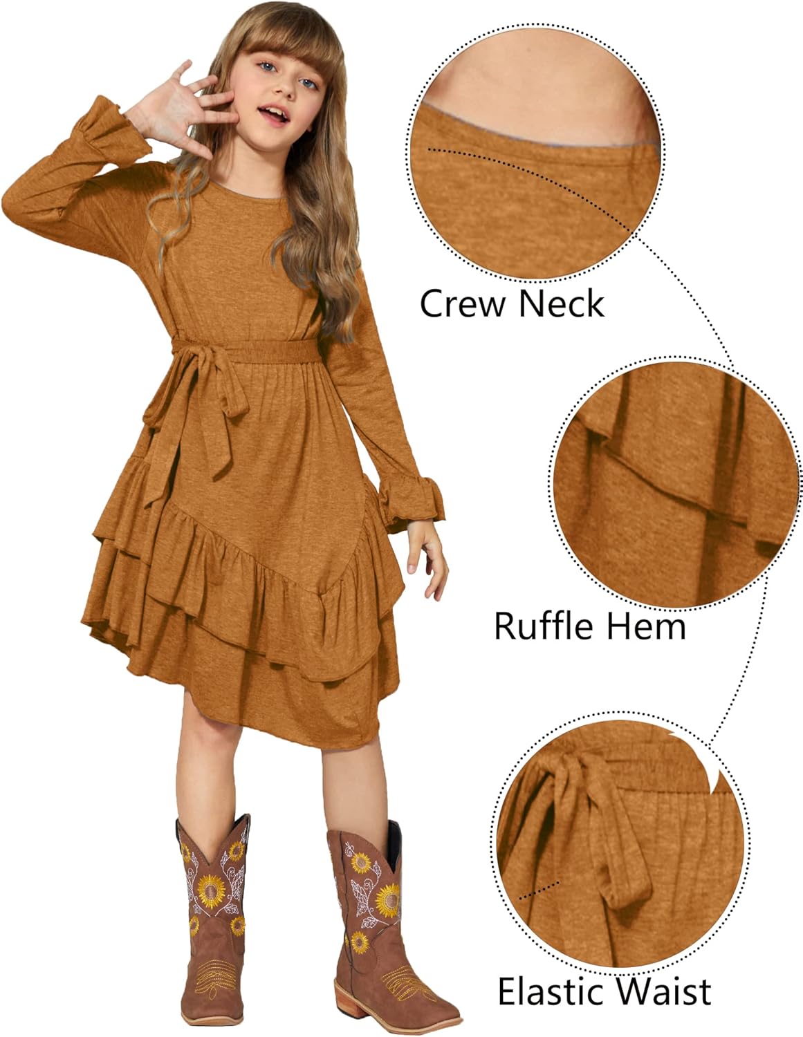 Arshiner Girls Dresses Loose Plain Casual Ruffle Swing Midi Dress with Belt for 5-14 Years