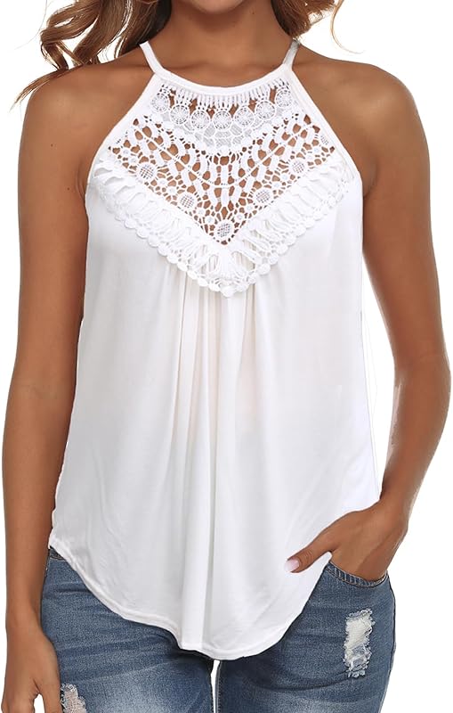 Bluetime Halter Tops for Women Sexy Sleeveless Lace Crochet Dressy Flowy Tank Top Cute Summer Shirts