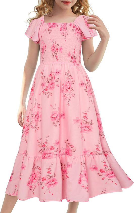 GRACE KARIN Girls Floral Dress Flutter Sleeve Square Neck Tiered Midi Dress Smocked Flared A-line Dress 5-14Y
