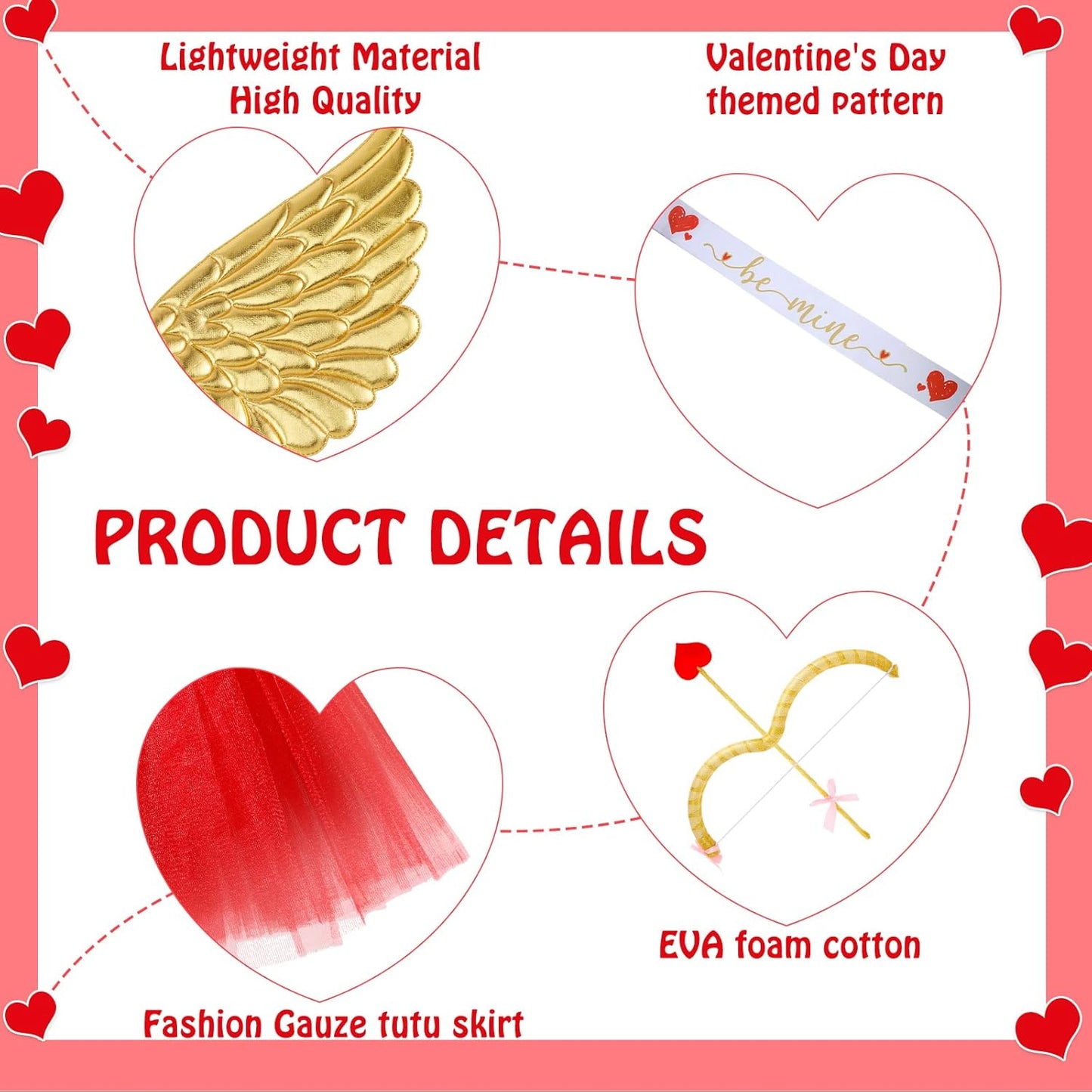 Marsui 7 Pcs Valentines Cupid Costume Set Valentine's Cupid Accessory Kit Includes Wings, Heart Sunglasses, Bopper Heart Headband, Body Sash, Bow and Arrow and Tutu Skirt for Women Men Adult Props Set