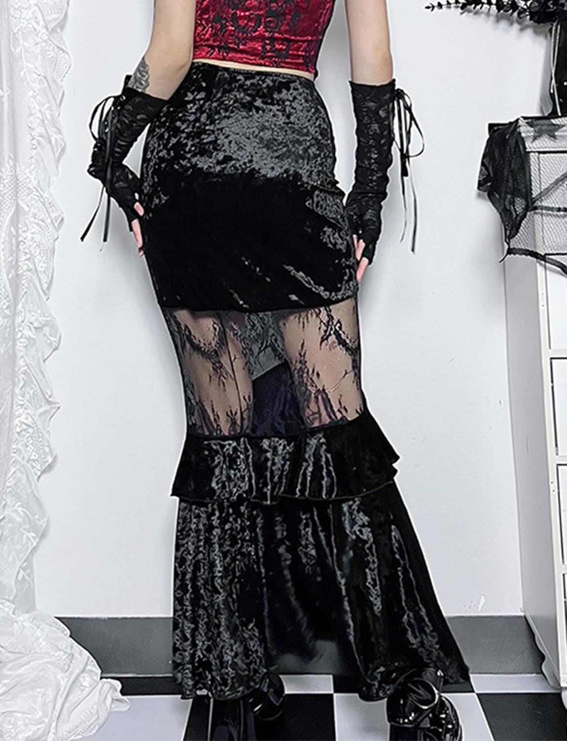 FEOYA Gothic Mini/Long Skirt for Women Sexy Pleated/Lace/Split/Fishtail Punk Skirt for Halloween/Streetwear/Party/Casual XS-XL
