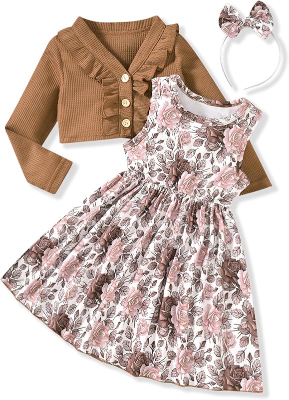 HINTINA Toddler Little Girls Dress And Cardigan Sets 2 Piece Floral Print Sleeveless Dress and Long Sleeve Cardigan Set