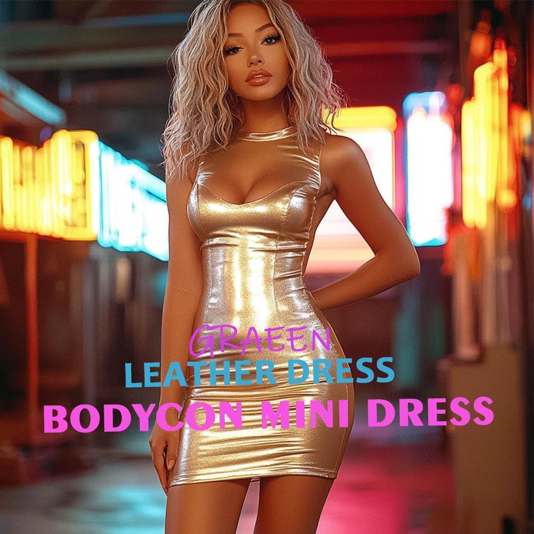 GRAEEN Sexy Latex Mini Dress Faux Leather Bodycon Dresses for Women