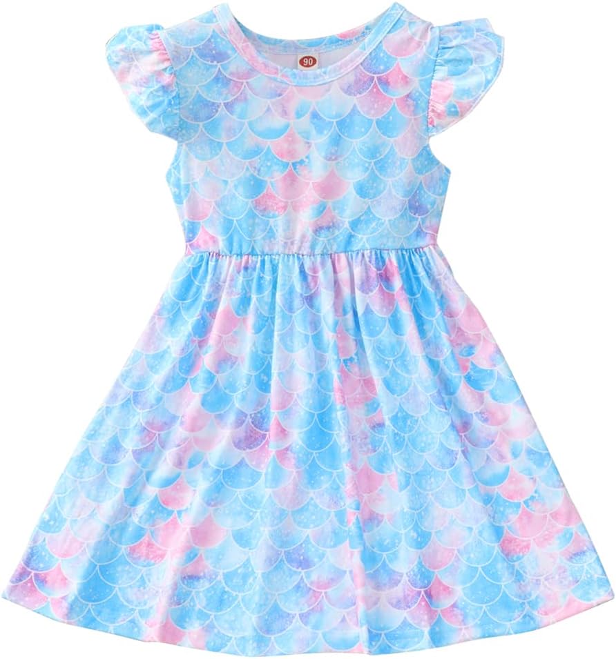 Toddler Little Girls Casual Dresses Short Sleeve Crew Neck Graphic Cartoon Dress for 2-8 Years