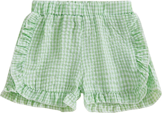 Karuedoo Toddler Baby Girl Shorts Casual Summer Gingham Plaid/Seersucker Elastic Waist Ruffle Hem Shorts Bottoms