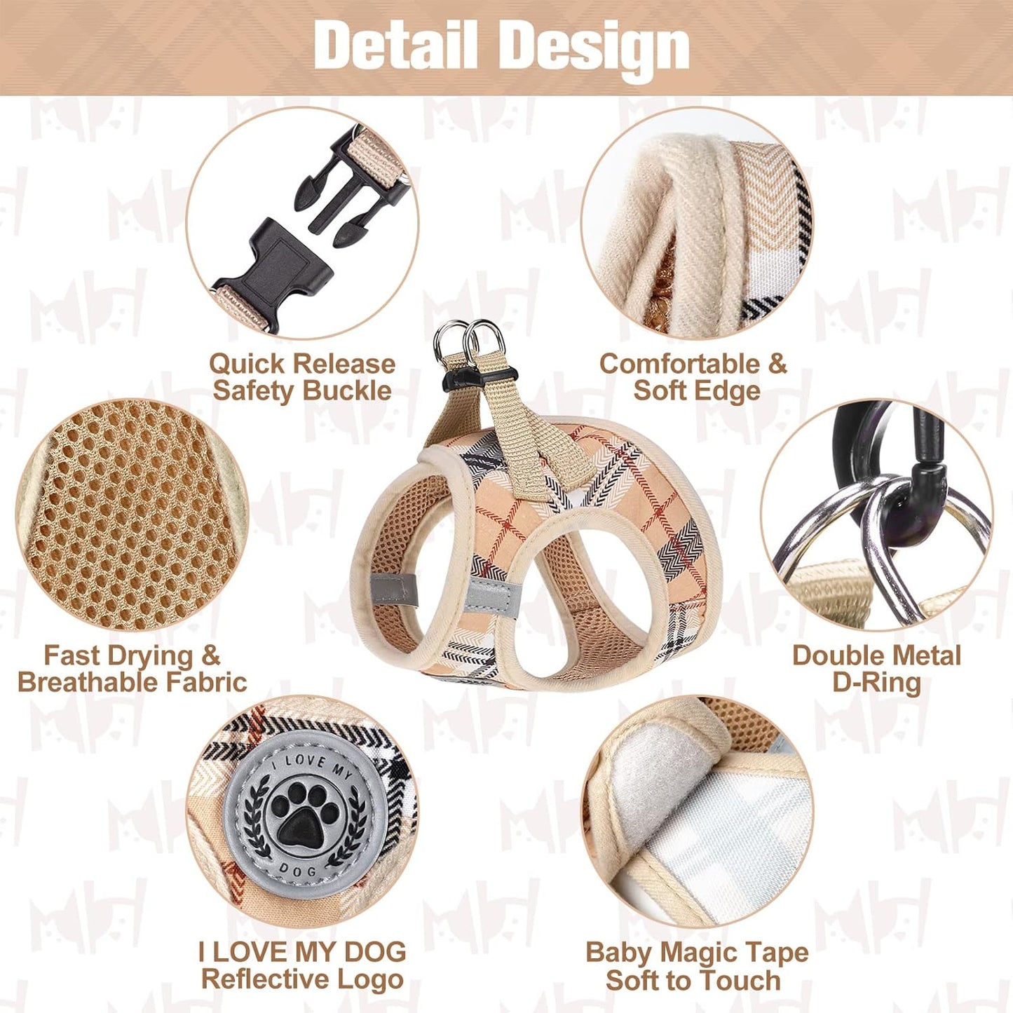 BEAUTYZOO Plaid Dog Harness and Leash Set for XS S Pets, Step-in No Choke No Pull Soft Mesh Vest Harness, Reflective for Extra-Small/Small Medium Puppy Dogs and Cats, Beige S