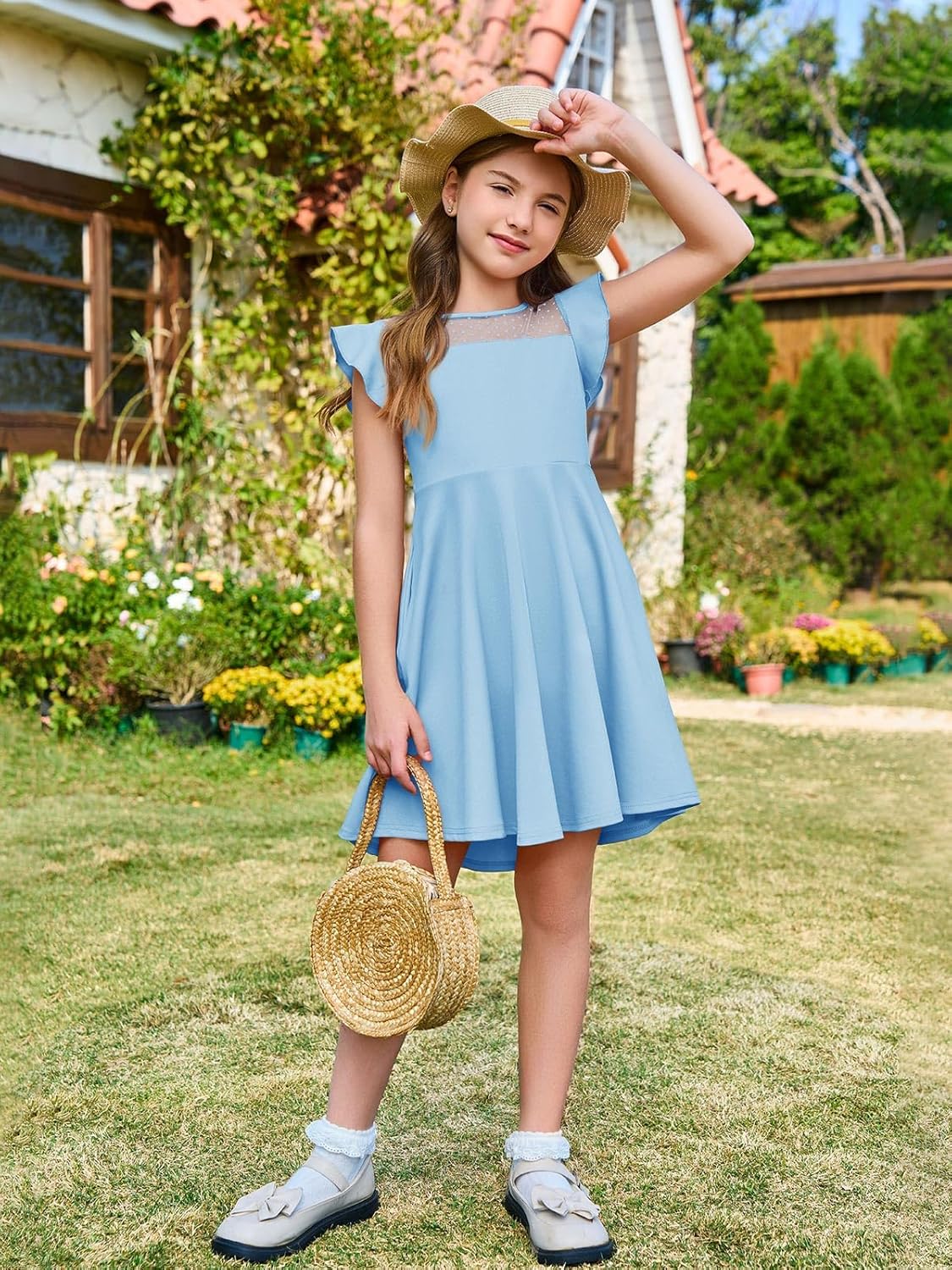 Haloumoning Girls Dress Summer Ruffle Sleeve Mesh A Line Casual Party Dresses with Pockets for Kids 4-14 Years