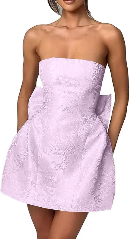 Xijun Short Jacquard Satin Homecoming Dresses for Teens Strapless Embroidery Mini Prom Cocktail Party Gown with Bow