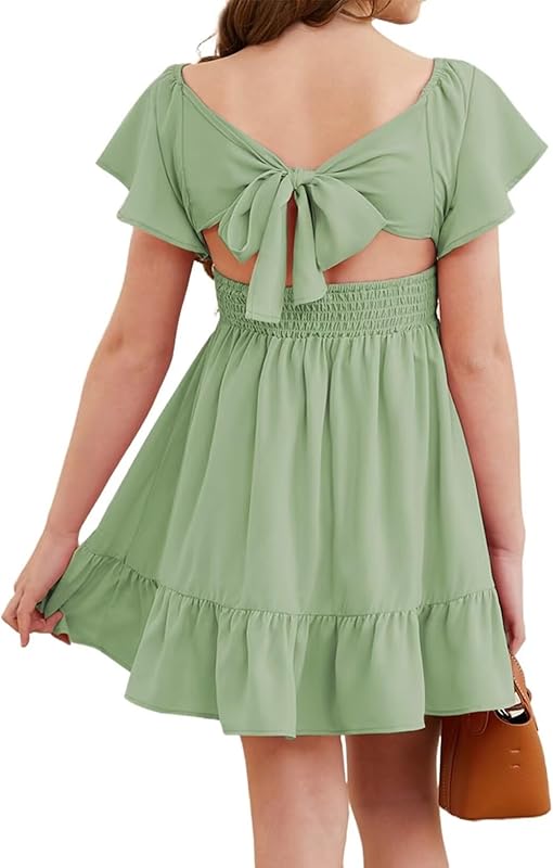 Girls Elegant Ruffle Short Sleeve Back Tie Dresses 6-13 Years Old