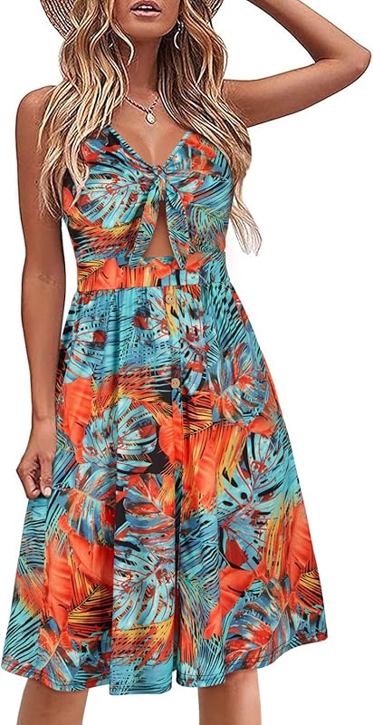VOTEPRETTY Womens Summer Dresses Tie Front Beach Dress Spaghetti Strap Sundress with Pockets for Party Vacation