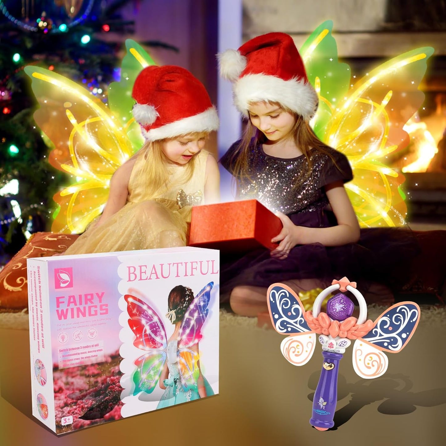 Electric Fairy Wings and princess wand for Girls, Princess Dress up Costume, Moving Butterfly Wings with LED Lights and Music, Toys for Kids as Halloween Birthday Christmas Party Cosplay Gift