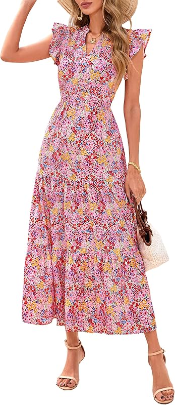 PRETTYGARDEN Women's 2025 Summer Floral Midi Dress Cap Sleeve V Neck Ruffle Long Flowy Boho Casual Beach Vacation Dresses