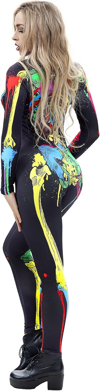 JJEUWE Women's Skeleton Halloween Bodysuit Costume Stretch Skinny Catsuit Jumpsuit