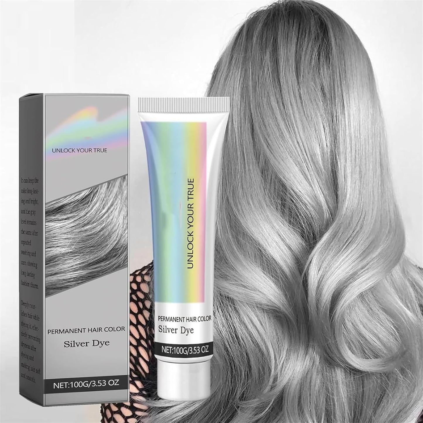 2 in 1 Natural Essence Extract Silver Hair Dye, Silver Metallic Hair Dye, Silver Gray Natural Hair Dye Cream, Fashion Silver Gray Hair Dye Permanent, for All Hair Types (Silver, 1Pcs)