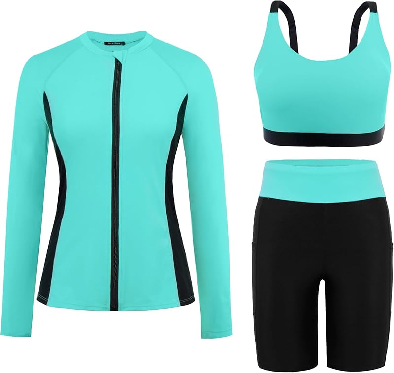 Arolina Womens Rash Guard Long Sleeve Swim Shirts Swimsuit 2025 Bathing Suit with Womens Swim Shorts & Two Pockets