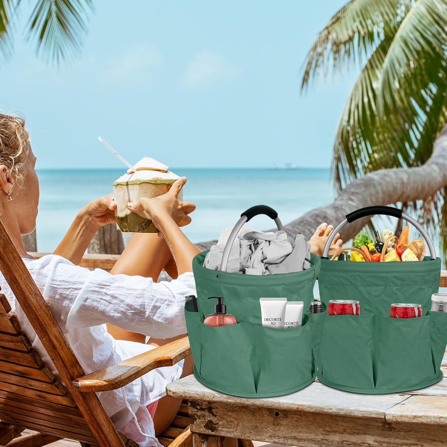 Collapsible Basket with Handles: Portable Picnic, Beach, Garden Harvest， Market Shopping Basket, Home Storage, Bathroom Organizer（Green）