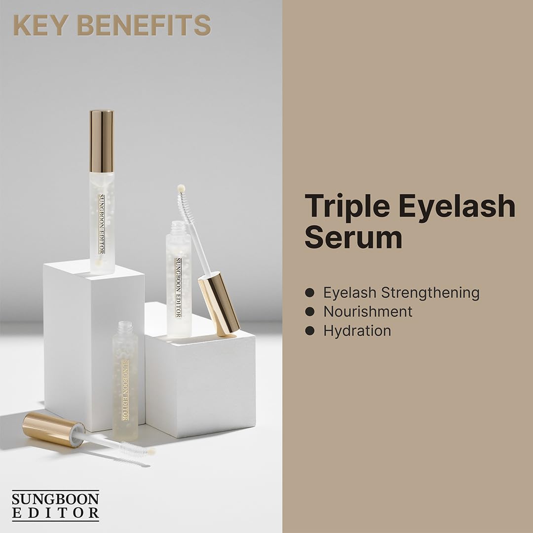 SUNGBOON EDITOR Triple Active Eyelash Serum | Strengthens and Nourishes Weak,Damaged Lashes | C-Curl Brush and Ball Tip Design | Gentle, Tear-Like pH for Daily Use | Korean Eyelash Care Serum