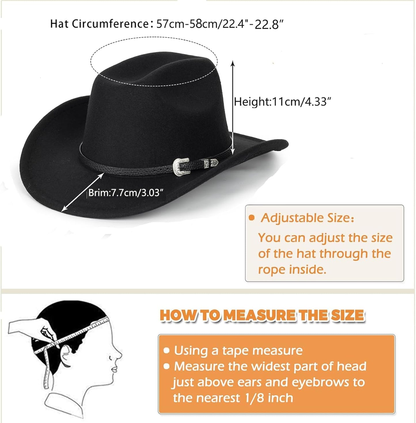 Western Cowboy Hat for Men Women Classic Roll Up Fedora Hat with Buckle Belt(Size:S-M)