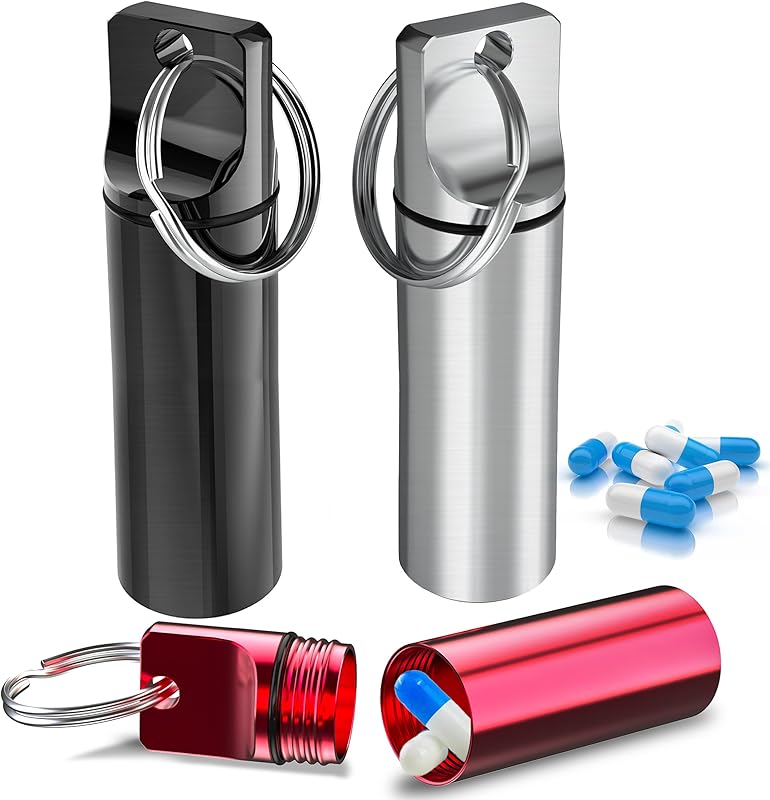 Keychain Pill Holder (Pack of 3), Aluminum Alloy Waterproof Portable Small Travel Medicine Bottle Case Container for Purse, Mini Metal Capsule/Tablet Keeper Pocket Organizer