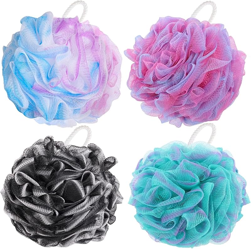 BTYMS 4 Pieces Shower Loofahs Bath Sponges 60g/pcs Mesh Puffs Body Scrub Luffas Bath Scrunchies for Shower Exfoliate