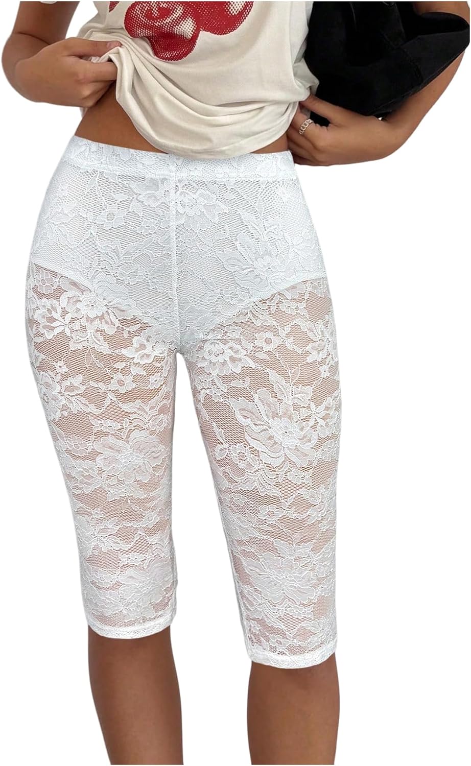 Women's Lace See Through Capri Pants Elastic High Waisted Skinny Leggings Cropped Trousers