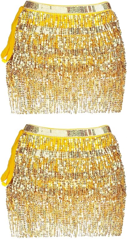 Women Belly Dance Skirt Tassel Fringe Skirts Sparkly Sequin Hip Scarf Party Costume