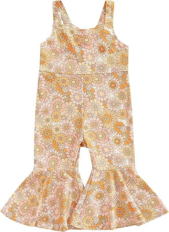 Emmababy Baby Girl Bell Bottoms Romper Toddler Floral Overalls Suspender Flare Pants Sleeveless Strap Jumpsuit Fall Clothes