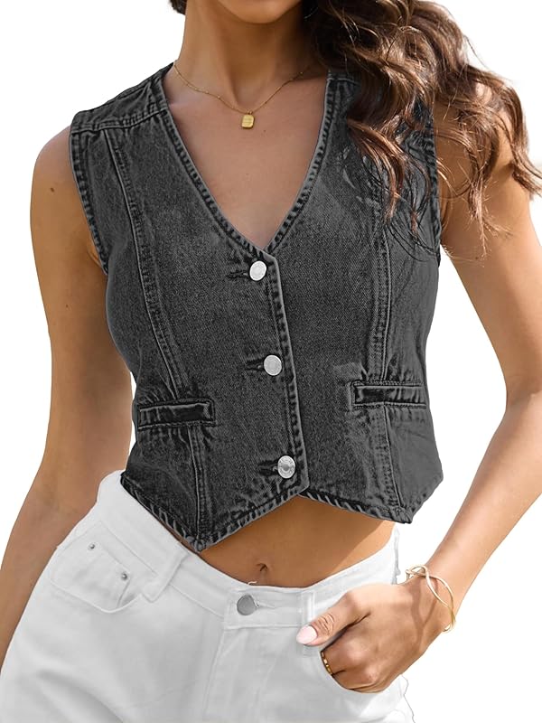 ELLEVEN Womens Summer Cropped Denim Vest, V-Neck Crop Western Jean Vest Top for Women Country Trendy Outfits