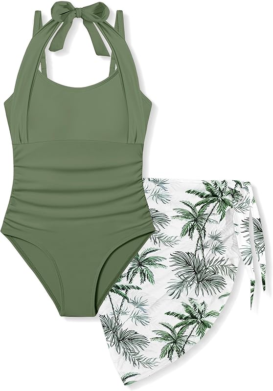 Girls Swimsuit Halter Neck One Piece Bathing Suit with Tropical Printed Cover Up Skirt Girls' Swimwear Set 7-18Y