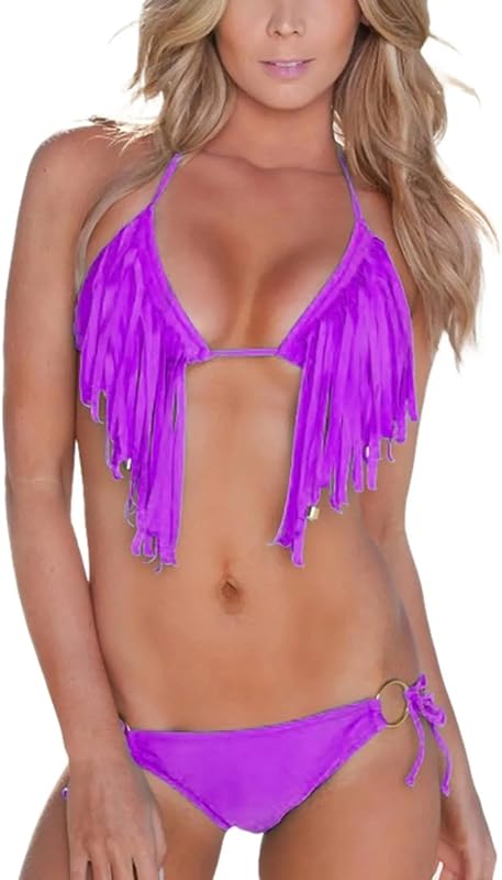 Women Sexy Swimsuit with Tassels Halter Top Low Waist Bandage Bikini Set Hanging Neck Removable Padded Bra Beach Swimwear