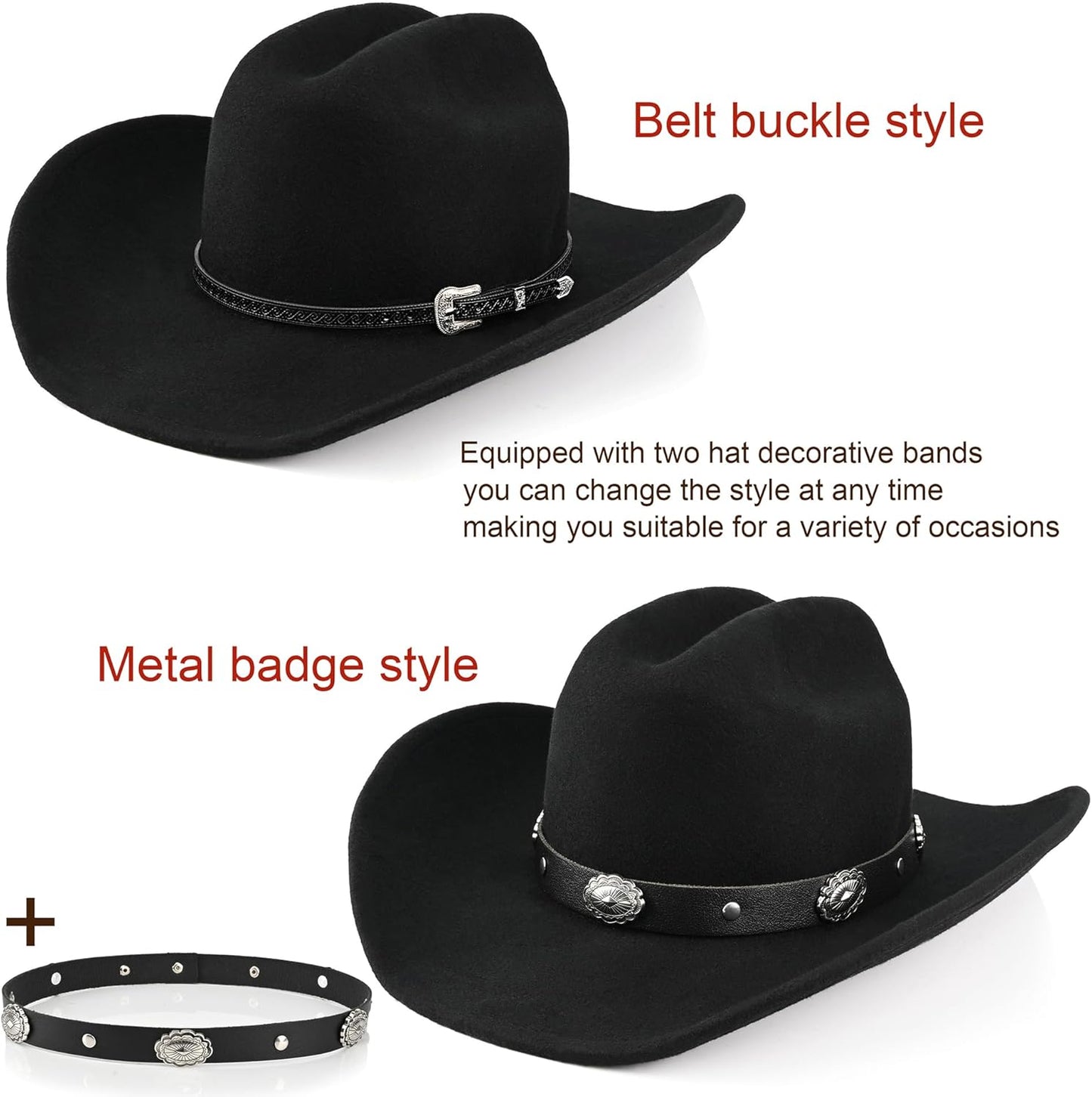 100% Wool Western Cowboy Hat for Men Women Classic Fedora Hat Felt Cowgirls Hats with Two Decorative Bands