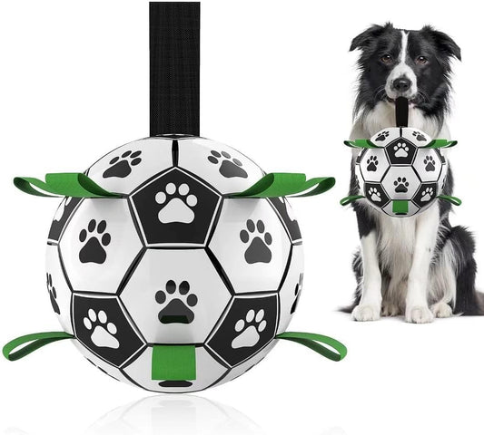 QDAN Dog Toys Balls, Dog Soccer Ball with Straps, Dog Birthday Gifts, Herding Ball, Durable Dogs Balls for Small Medium Pet, Puppy Outdoor Water Toy, World Cup Soccer (6 Inch)