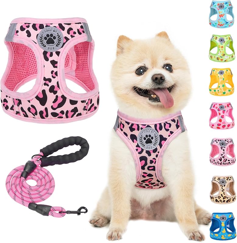 BEAUTYZOO Plaid Dog Harness and Leash Set for XS S Pets, Step-in No Choke No Pull Soft Mesh Vest Harness, Reflective for Extra-Small/Small Medium Puppy Dogs and Cats, Beige S