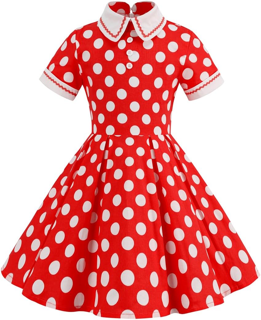 Kids Girls Vintage Polka Dot 50's Girls Dress Short Sleeve Turn-Down Collar Swing Dress Party Dress
