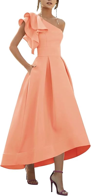 One Shoulder Satin Mother of Bride Dresses 2025 High-Low Ruffle Formal Evening Party Gowns