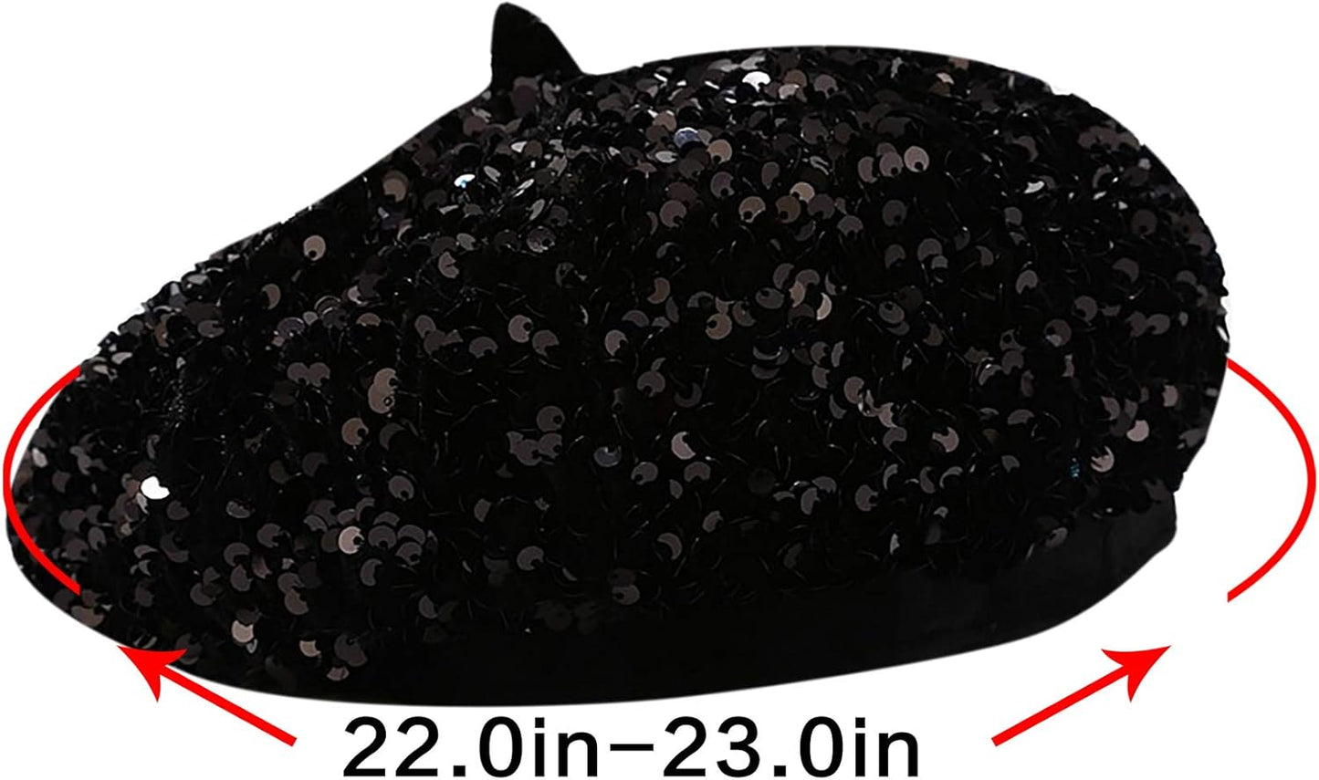Women Beret Hat Glitter Sequins French Style Beanie Cap Adjustable Fashion Shimmer Hat for Girls Ladies