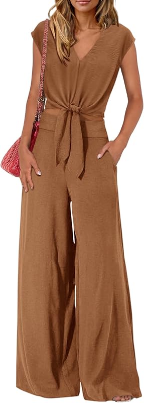 PRETTYGARDEN Women's Summer 2 Piece Outfits 2025 Cap Sleeve V Neck Belted Crop Tops Wide Leg Pant Sets Casual Tracksuit
