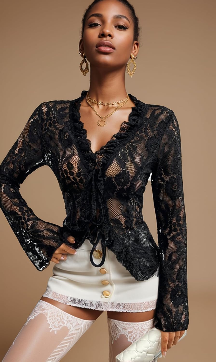 Lace Tops for Women Long Sleeve See Through Sexy Sheer Mesh Crop Top Shirt Open Front Tie Blouse Ruffle for Women