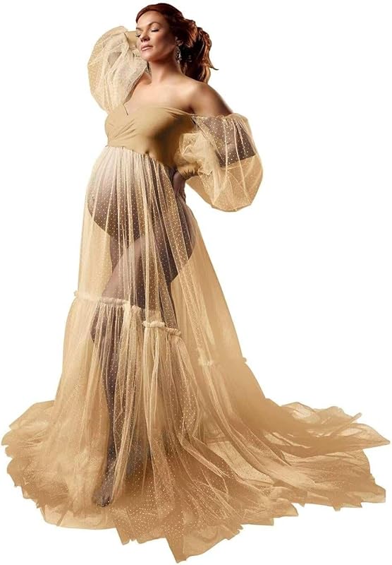 Off Shoulder Tulle Maternity Dress for Photoshoot Puffy Sleeve Wedding Bridal Pregnancy Robe Baby Shower Photography