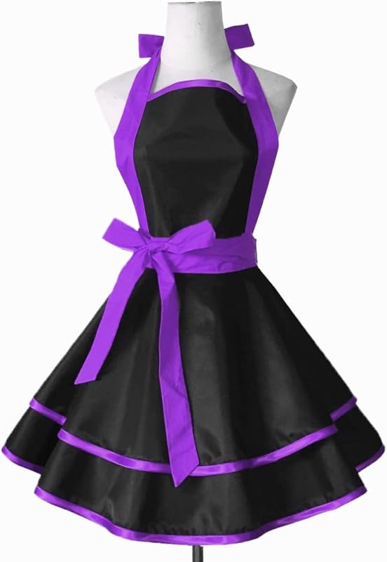Violet Mist Cute Lovely Retro Aprons for Women Girls Ladies Sexy Vintage Aprons Black Pink Vintage 50s Apron Halloween Christmas Apron Cooking Kitchen Ruffle Apron for Housewife Waitress Mother's Gift