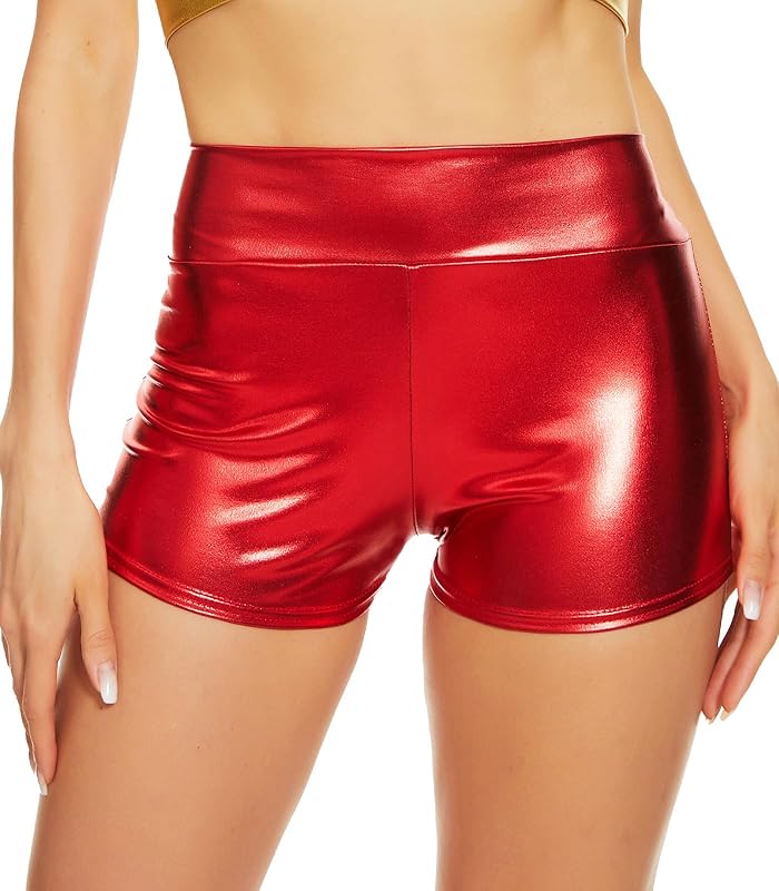 Vinaderhom Women's Metallic Booty Shorts Shiny High Waisted Rave Bottoms for Dance Festival