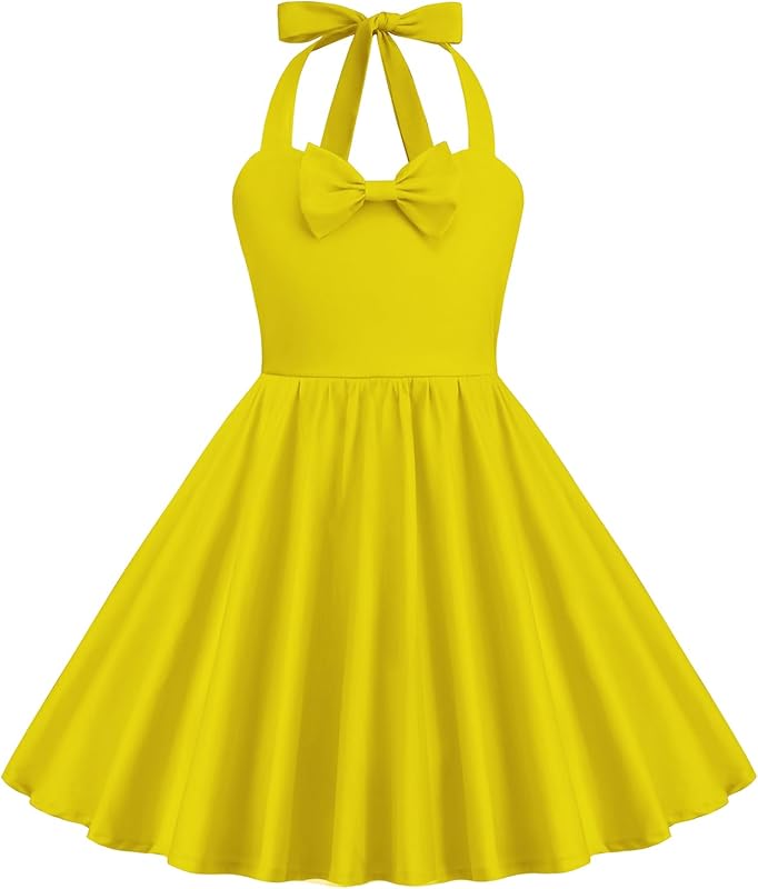 1950s Vintage Dresses for Girls Halter Dress Sleeveless Bowknot Heart Neck 4-12 Years