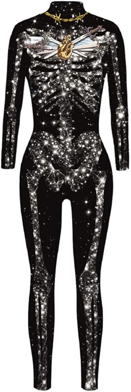 JJEUWE Women's Skeleton Halloween Bodysuit Costume Stretch Skinny Catsuit Jumpsuit