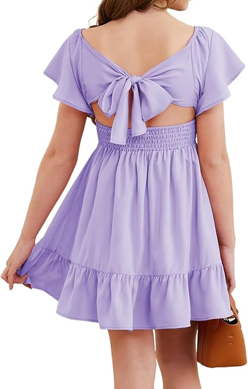 Girls Elegant Ruffle Short Sleeve Back Tie Dresses 6-13 Years Old