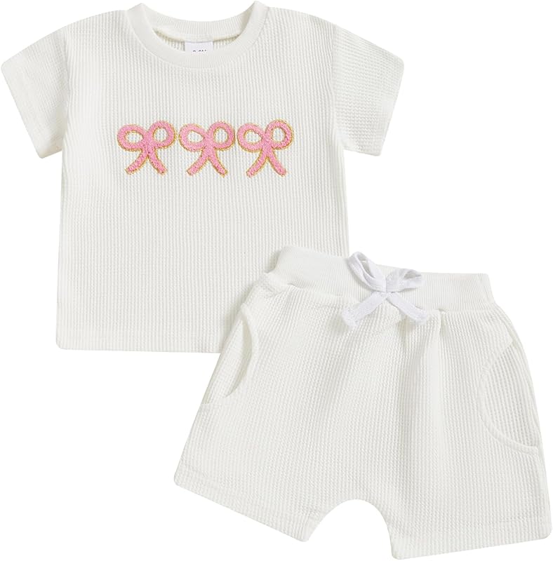 Kayotuas Toddler Baby Girl Summer Clothes 3D Flower Bow Short Sleeve T Shirt Tops Shorts 2Pcs Set Cute Infant Waffle Outfits