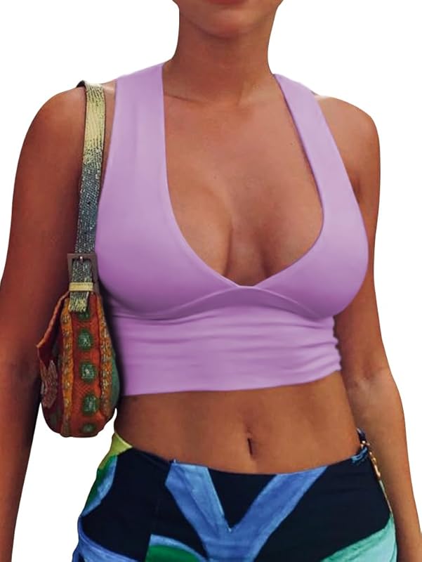 AEPEBO Sexy Crop Tops for Women Deep V Neck Back Cutout Sleeveless Plunge Racerback Tank Cropped Top